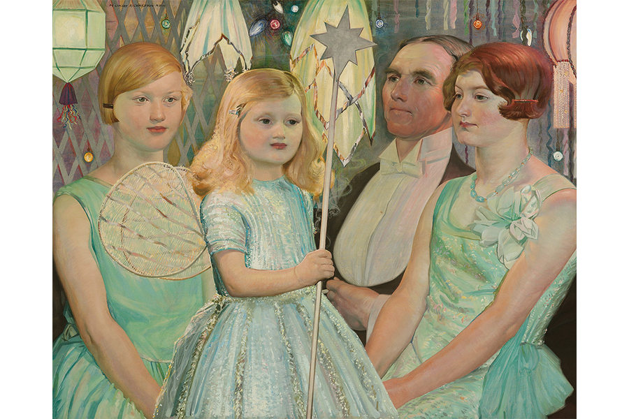 Fancy Dress - Oil on canvas painting of a man in a suit with three girls in green dresses