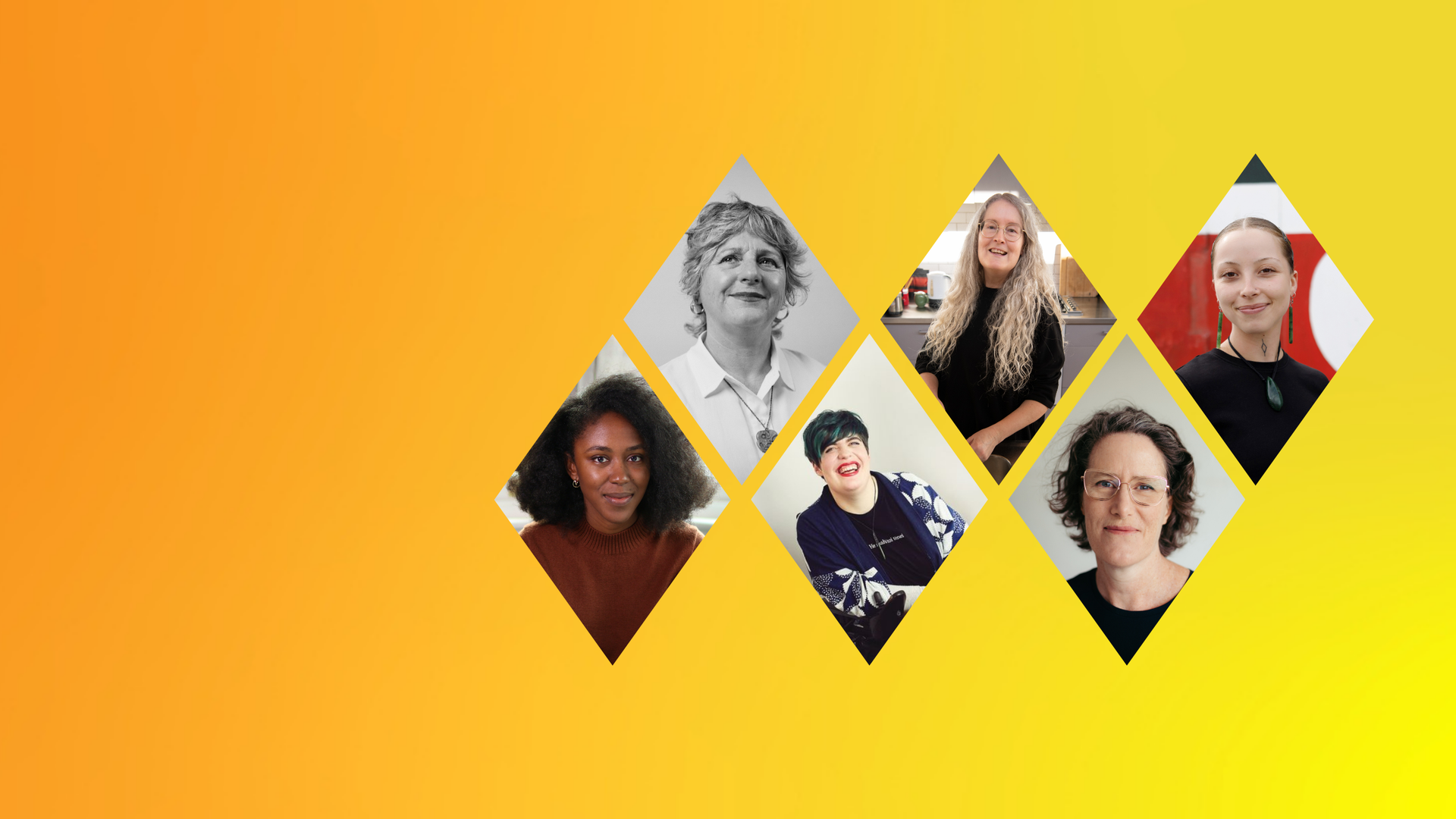 The image is split into six separate portraits against a yellow gradient background. The first portrait is a black and white image of Dr Rachel Buchanan. She is looking toward the right and up at the sky. Her smile is soft and confident. Around her neck is a taonga, greenstone. The next portrait is of Etta Bollinger. Etta sits in their wheelchair and leans on their right armrest whilst laughing. Their lips are bright red and their hair is short and black with green highlights. The next portrait is Elizabeth Knox. Elizabeth has long, wavy, ash-blonde hair and wears glasses. She is in a kitchen, preoccupied with cooking. She looks at the camera with a kind smile. The lighting is warm and homely. The next portrait is of Kate Camp. The photo is a professional portrait. Her head sits in the centre of the frame as she looks into the camera with a smile. She has short brown hair and wears glasses. The next portrait is of Matariki Bennet. Her image has the Tino Rangatiratanga flag in the background. She stands proudly with a smile on her face, wearing a pounamu greenstone necklace and earrings. Her brown hair is slicked back in a ponytail. A female-presenting person with voluminous black hair and an earthy orange jumper smiles kindly. She is seated in a cosy white room.