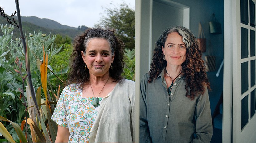 The image is split in two. On one side there is a portrait of a Māori woman against a foliage background. Her long curly hair is tied into a ponytail and she has a moko tattoo on her chin. She has a calm smile on her face. On the other side, another, slightly younger Māori woman stands for her portrait with a smile on her face. Her curly brown hair falls over her shoulder, and she has a large taonga on her neck.