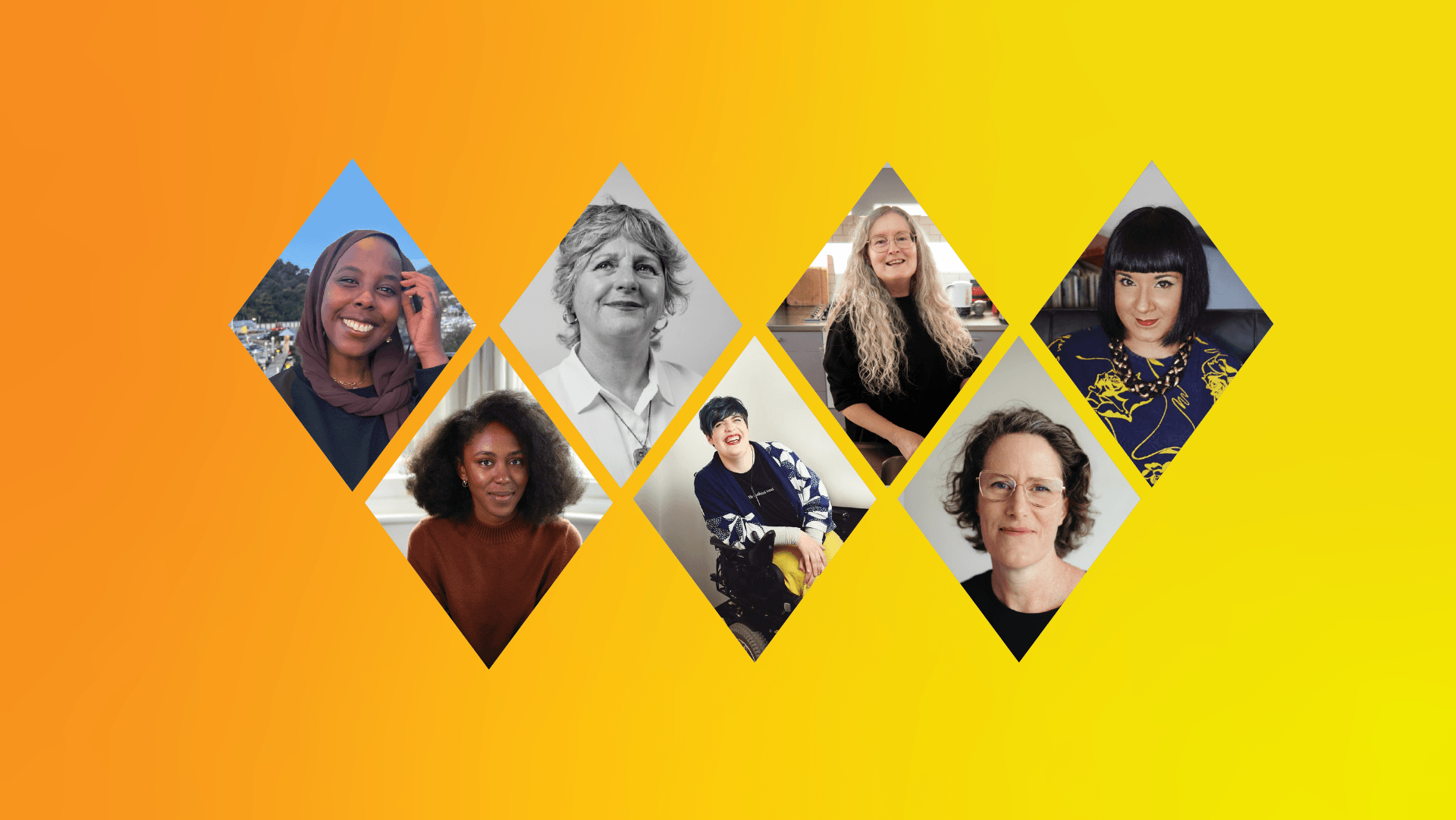 The image is split into six separate portraits against a yellow gradient background. The first portrait is a black and white image of Dr Rachel Buchanan. She is looking toward the right and up at the sky. Her smile is soft and confident. Around her neck is a taonga, greenstone. The next portrait is of Etta Bollinger. Etta sits in their wheelchair and leans on their right armrest whilst laughing. Their lips are bright red and their hair is short and black with green highlights. The next portrait is Elizabeth Knox. Elizabeth has long, wavy, ash-blonde hair and wears glasses. She is in a kitchen, preoccupied with cooking. She looks at the camera with a kind smile. The lighting is warm and homely. The next portrait is of Kate Camp. The photo is a professional portrait. Her head sits in the centre of the frame as she looks into the camera with a smile. She has short brown hair and wears glasses. The next portrait is of Matariki Bennet. Her image has the Tino Rangatiratanga flag in the background. She stands proudly with a smile on her face, wearing a pounamu greenstone necklace and earrings. Her brown hair is slicked back in a ponytail. A female-presenting person with voluminous black hair and an earthy orange jumper smiles kindly. She is seated in a cosy white room.